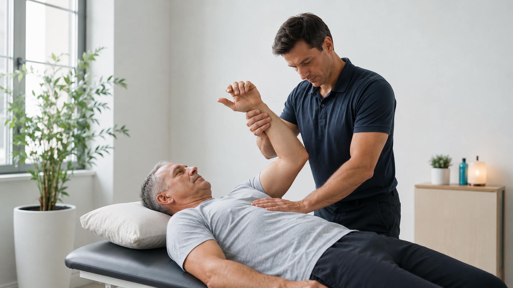 Physical therapist guiding a patient through a shoulder mobility exercise